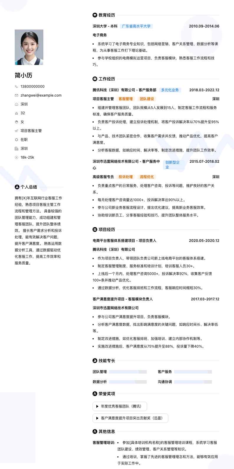 项目客服主管简历模板