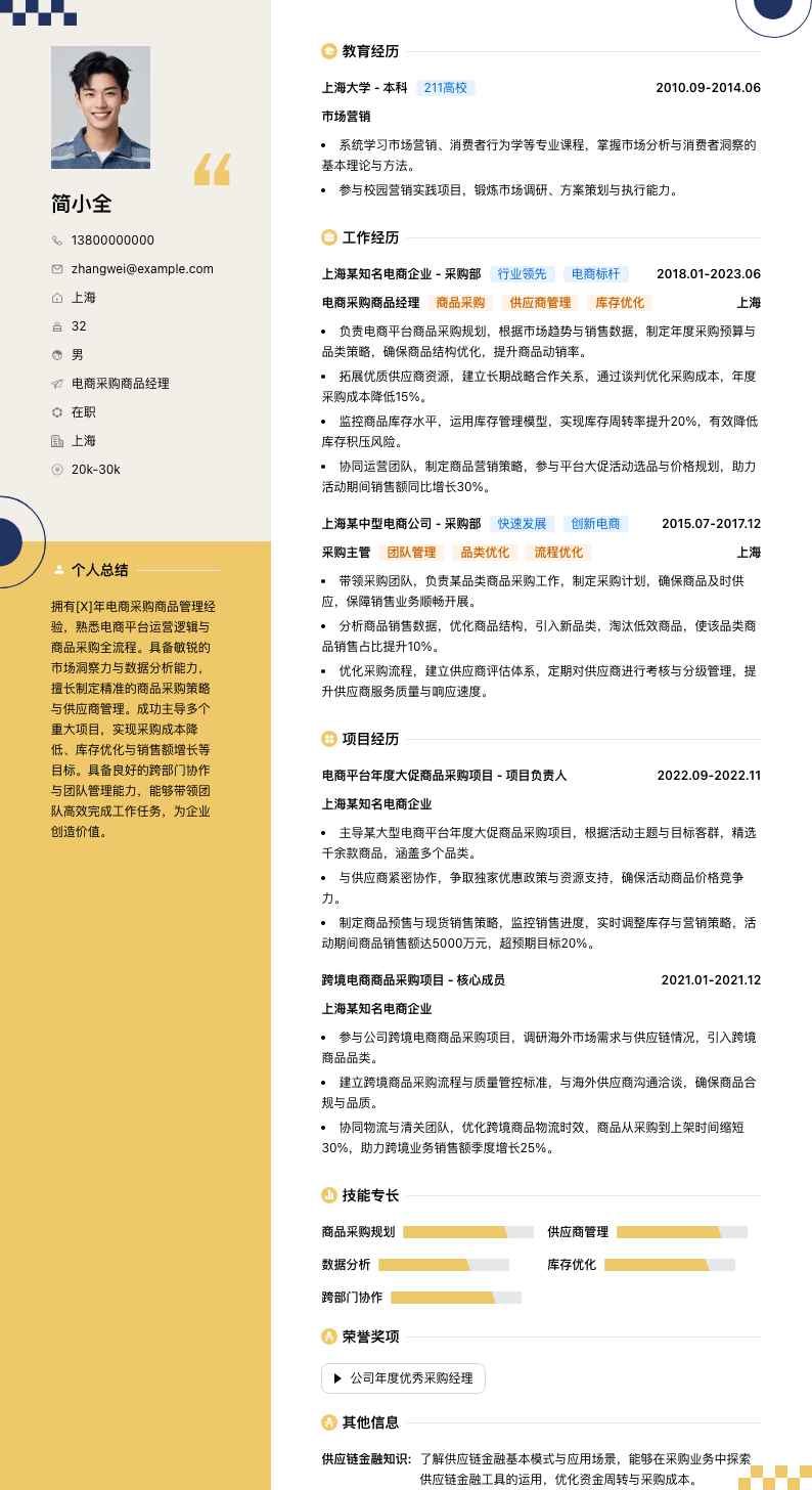电商采购商品经理简历模板