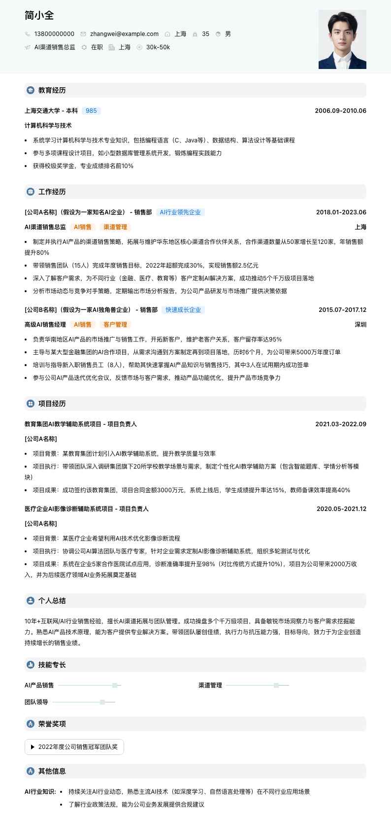 ai渠道销售总监简历模板