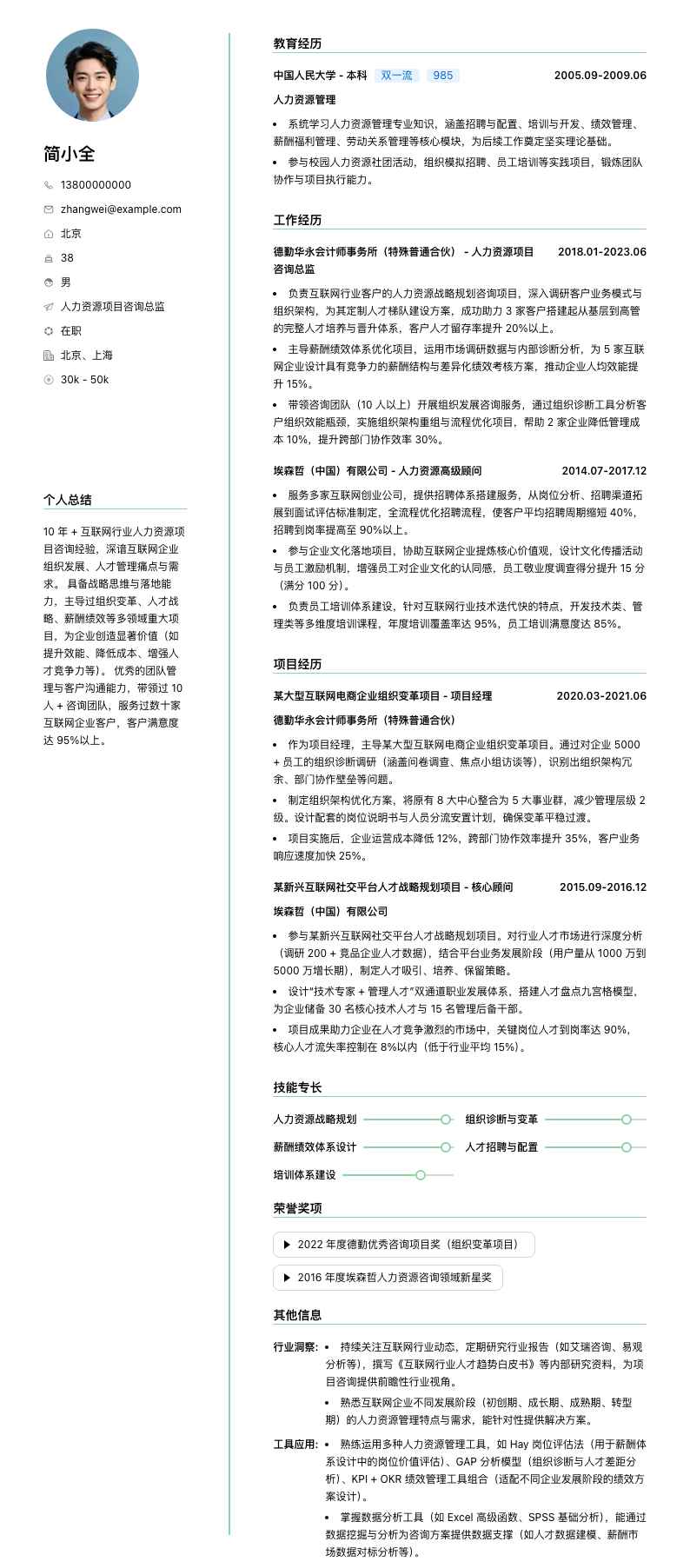 人力资源项目咨询总监简历模板