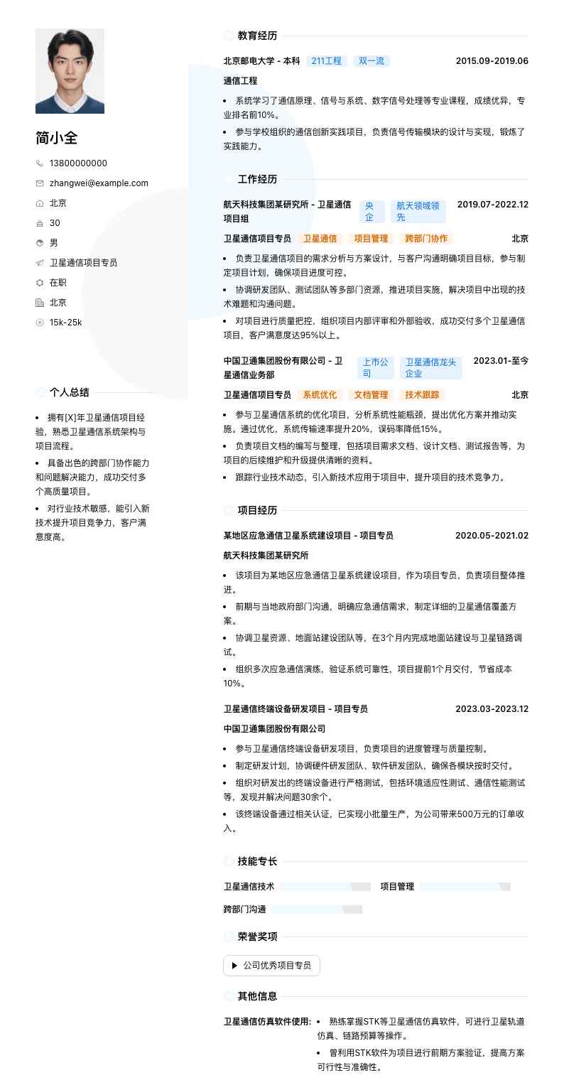 卫星通信项目专员简历模板