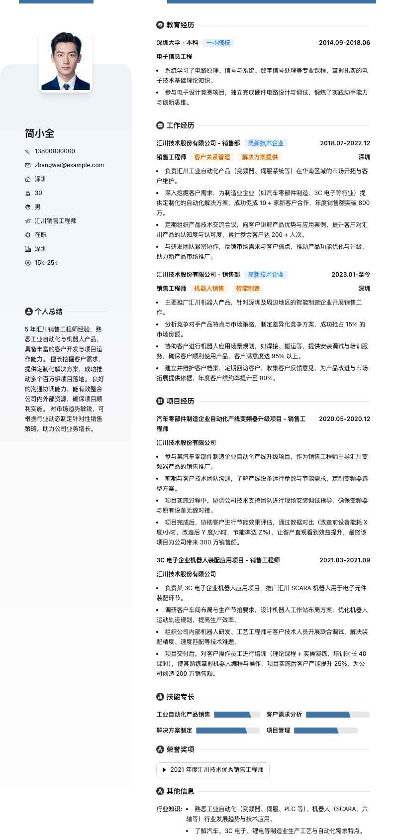 汇川销售工程师简历模板