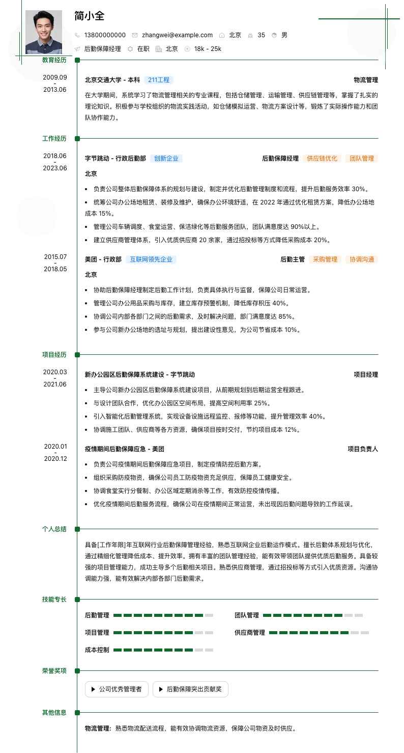 后勤保障经理简历模板