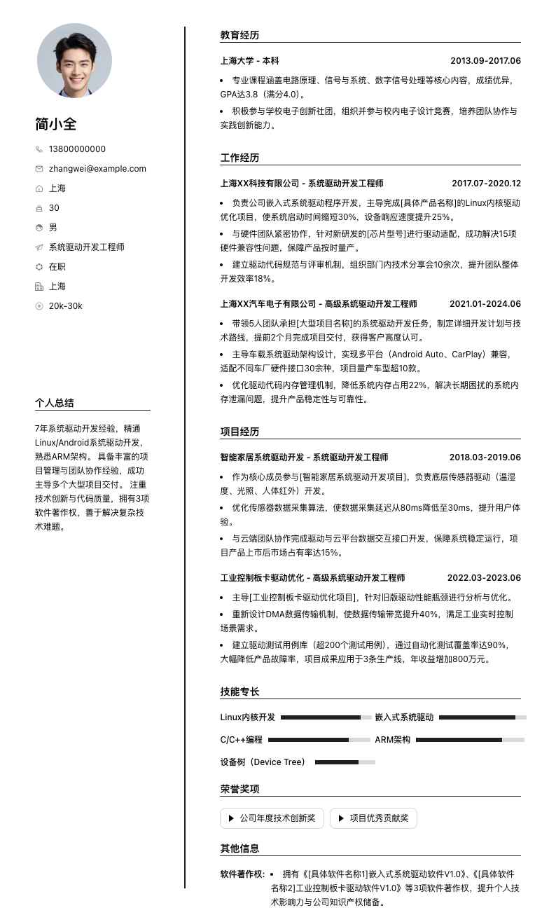 系统驱动开发工程师简历模板