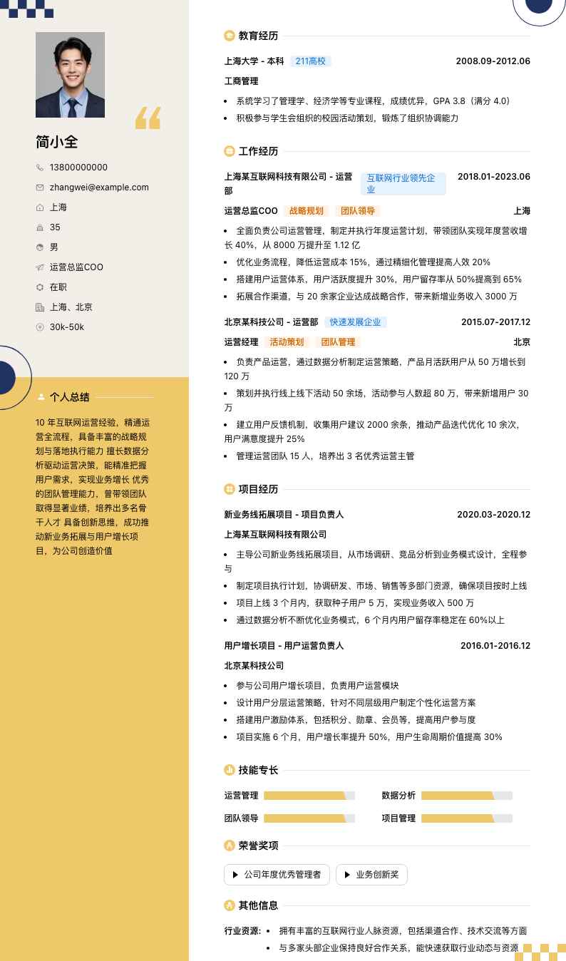 运营总监coo简历模板