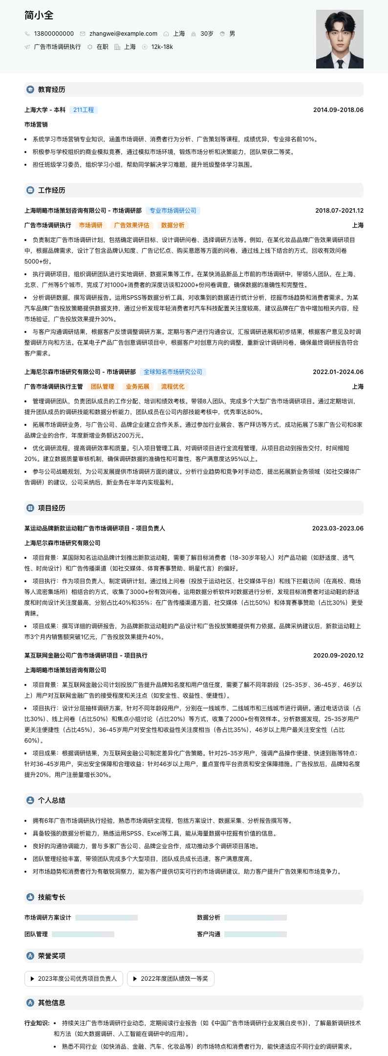 广告市场调研执行简历模板
