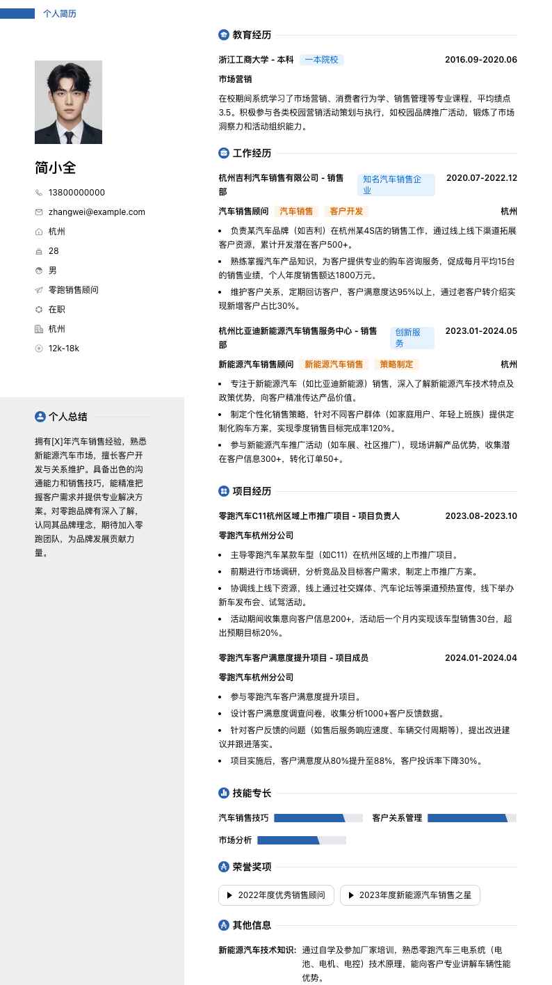 零跑销售顾问简历模板