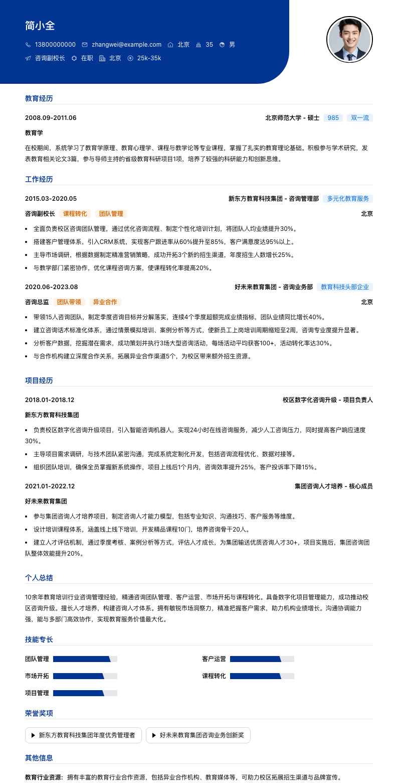 咨询副校长简历模板