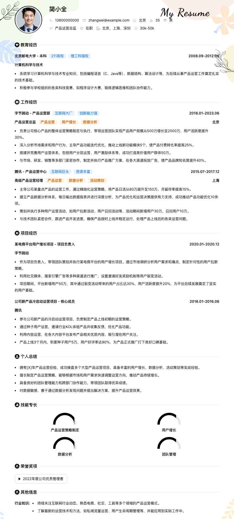 产品运营总监简历模板