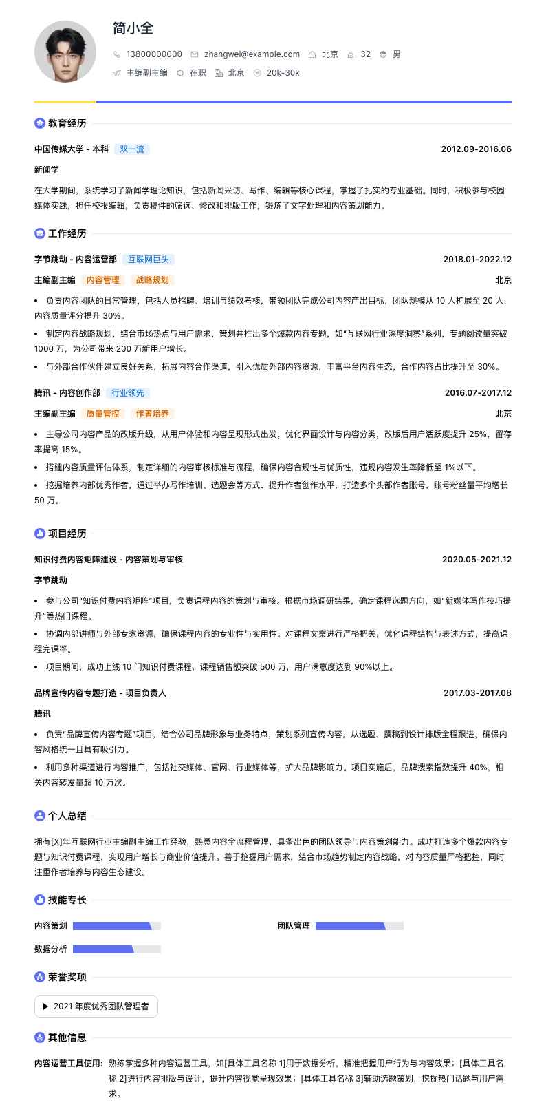 主编副主编简历模板