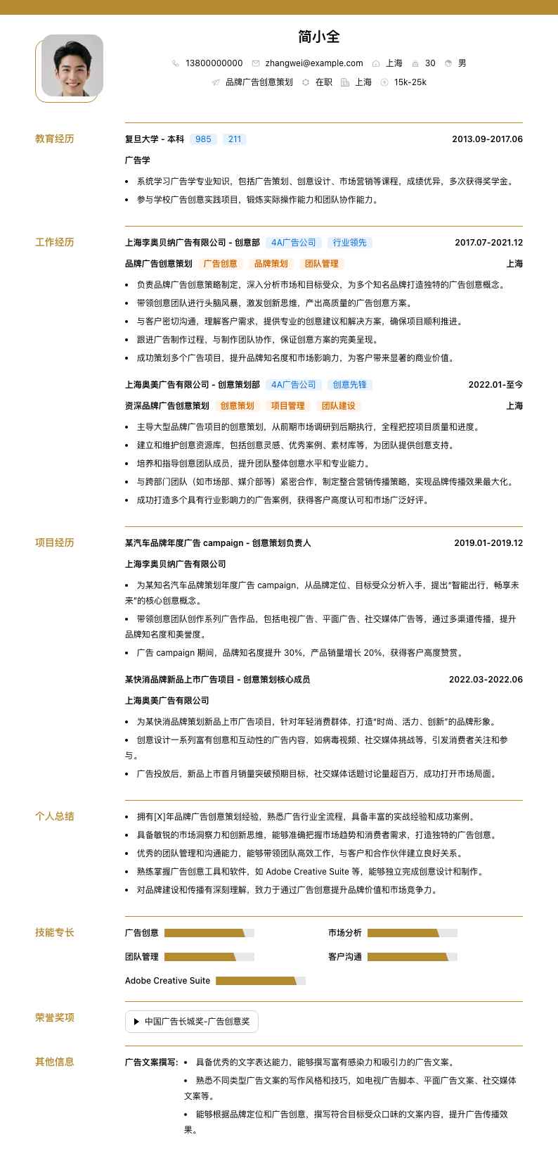 品牌广告创意策划简历模板