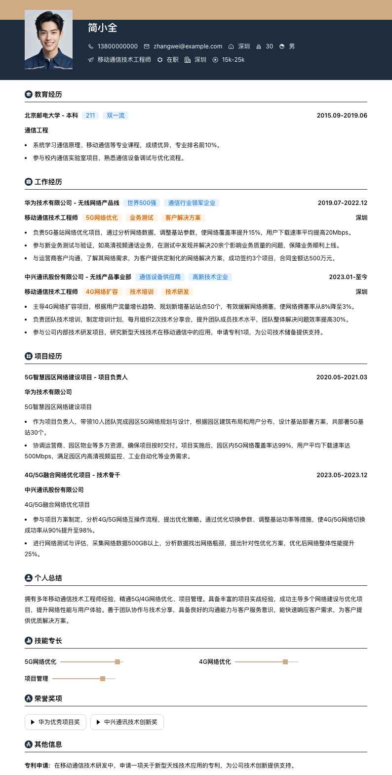 移动通信技术工程师简历模板
