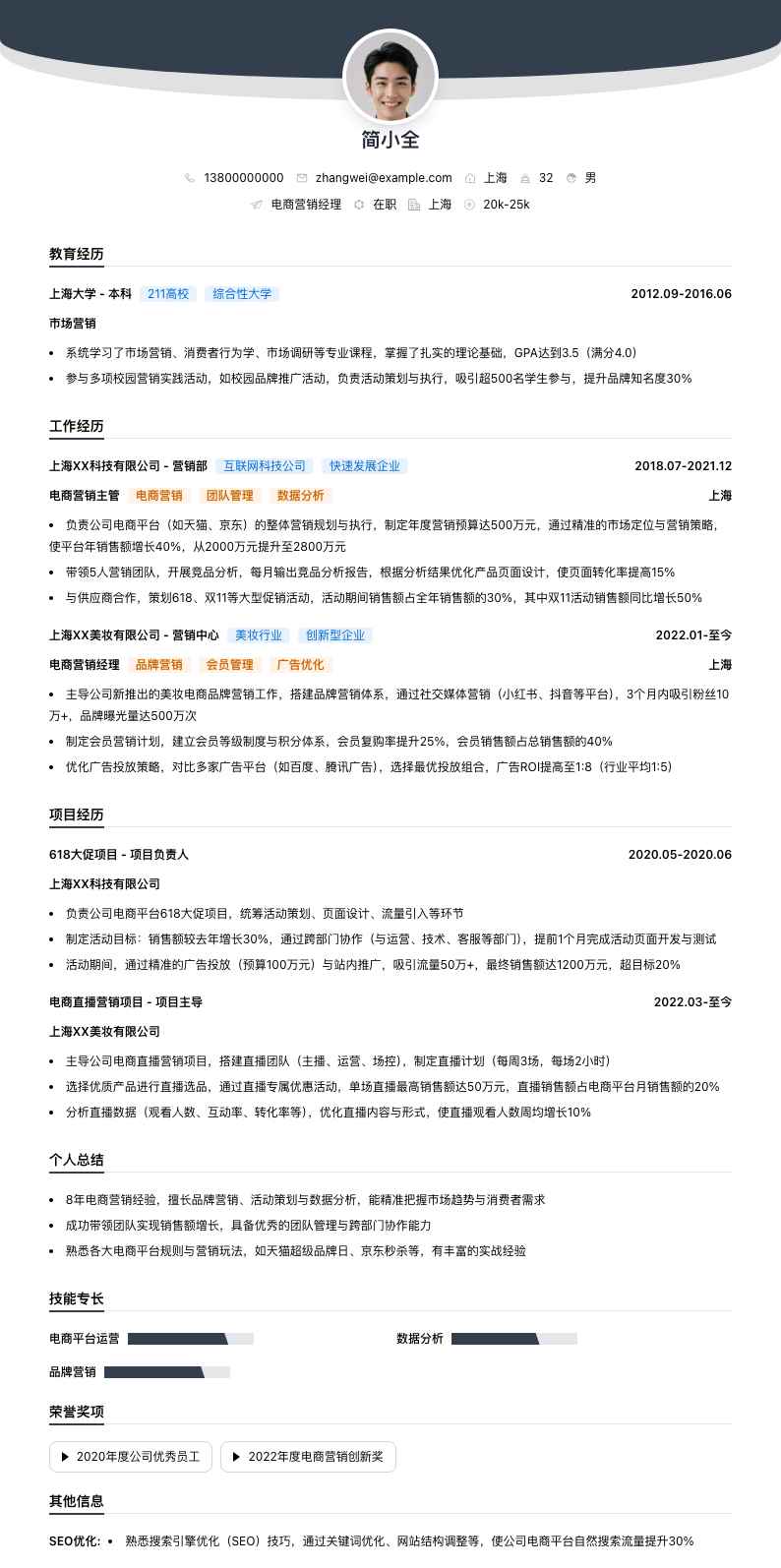 电商营销经理简历模板