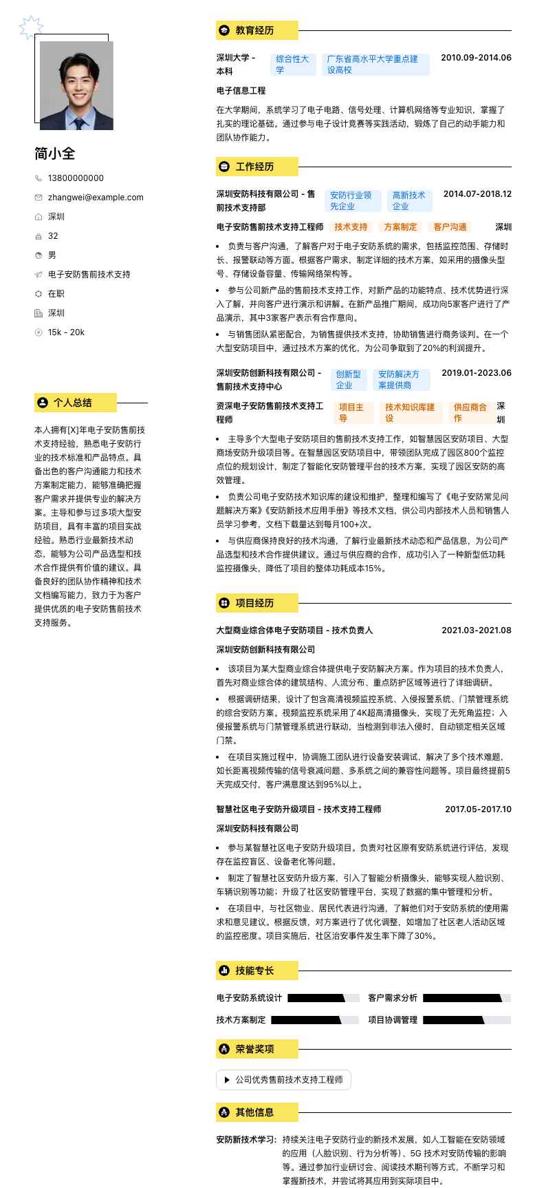 电子安防售前技术支持简历模板