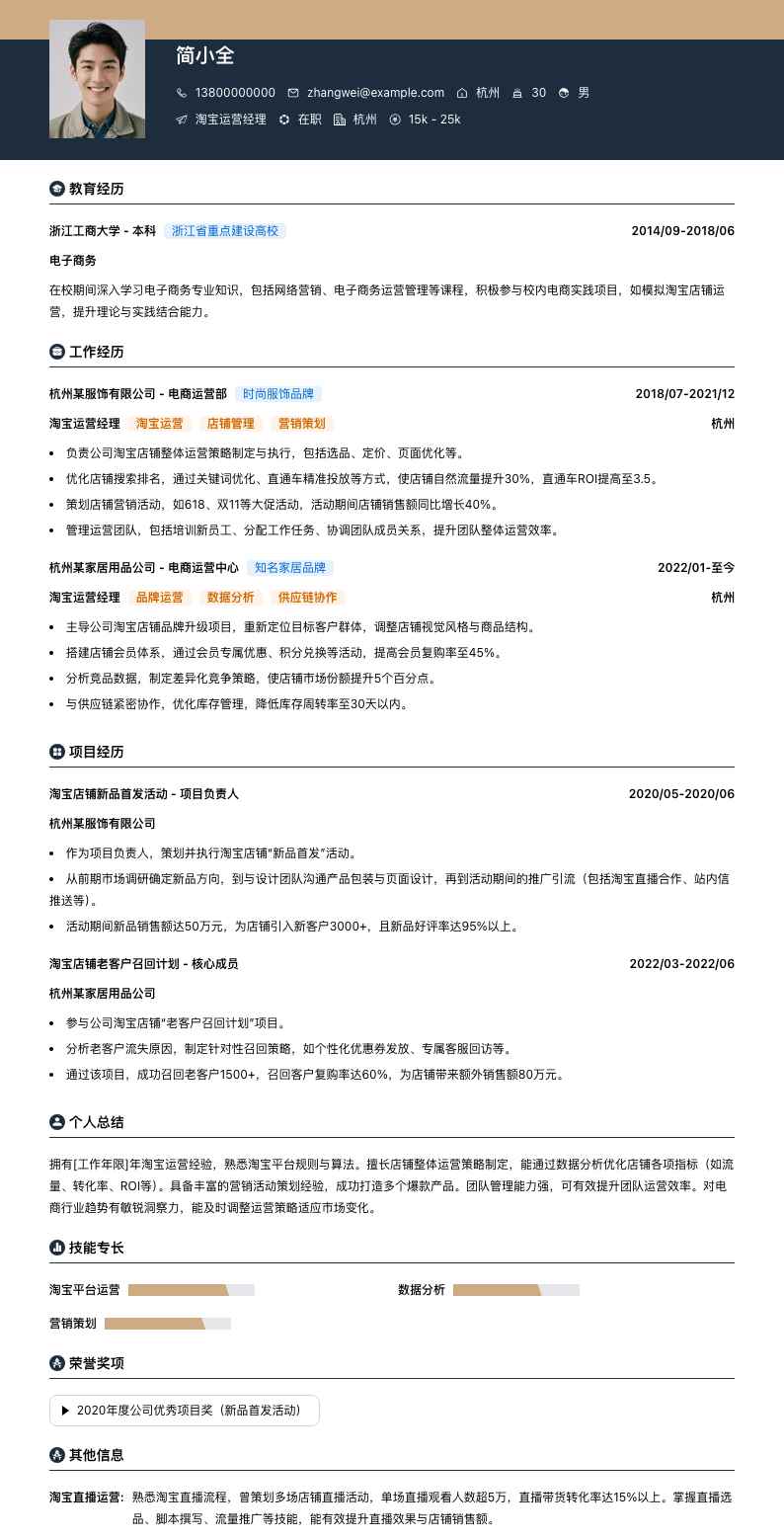 淘宝运营经理简历模板