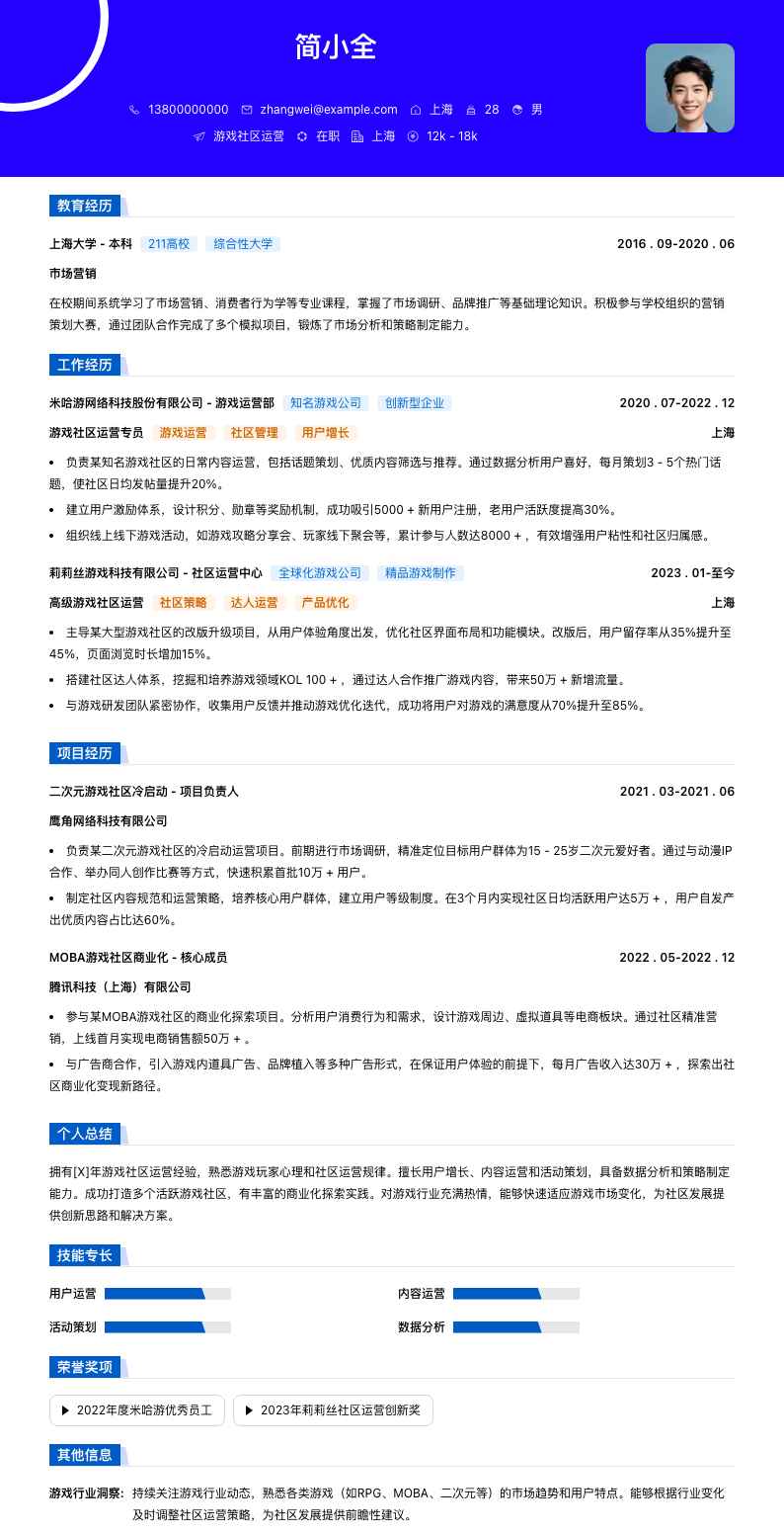 游戏社区运营简历模板