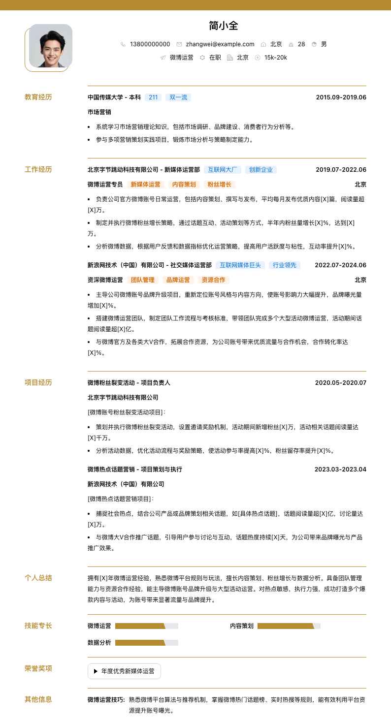 微博运营简历模板