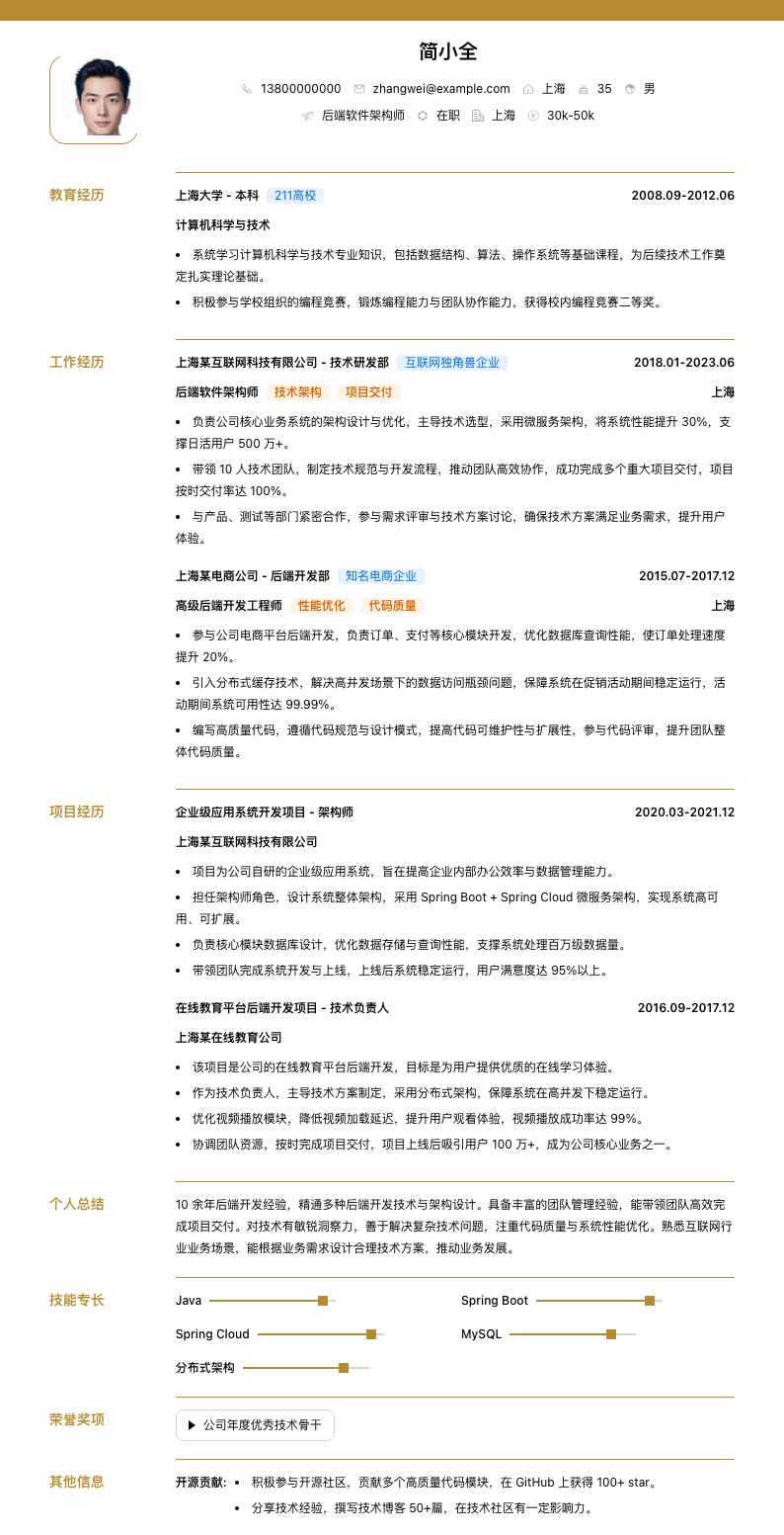 后端软件架构师简历模板