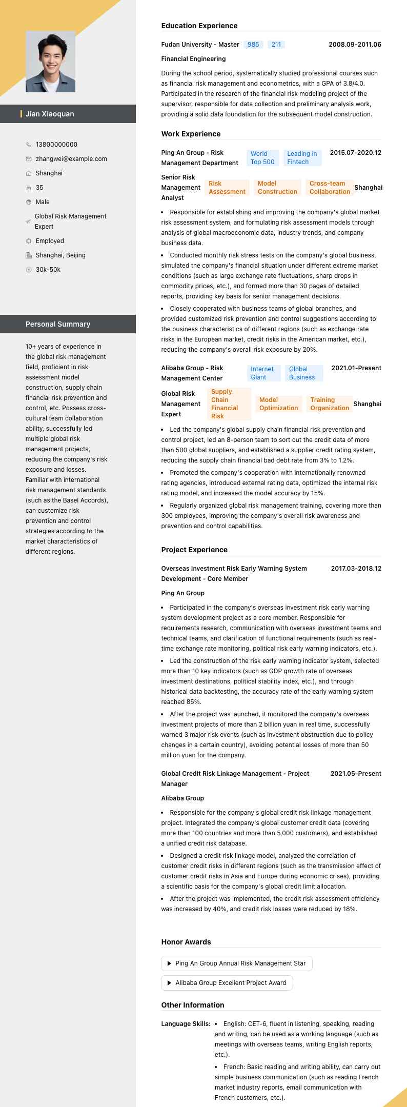 全球风险管理专家简历模板