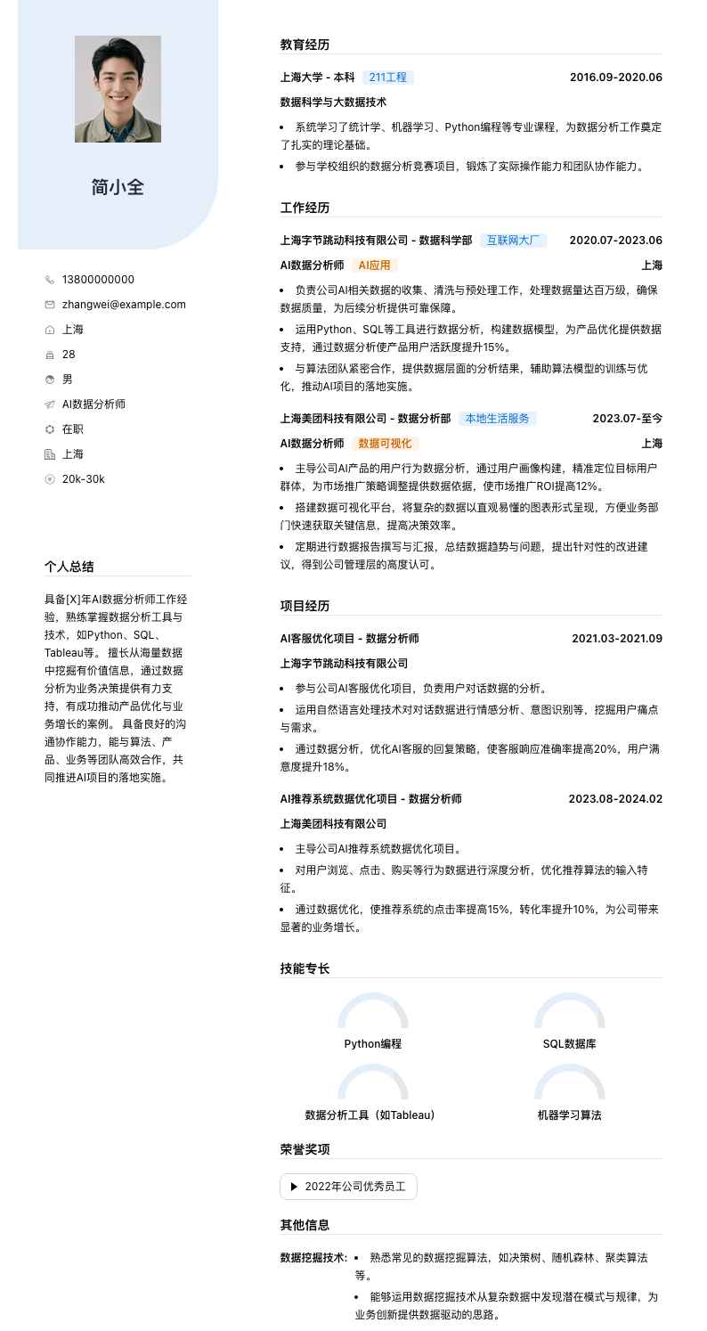 ai数据分析师简历模板