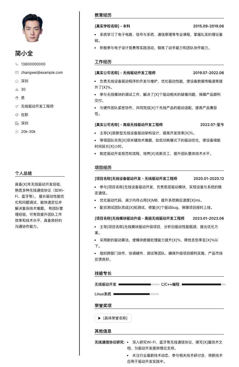 无线驱动开发工程师简历模板