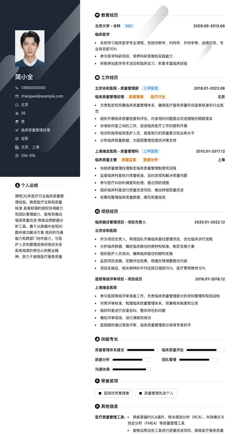 临床质量管理经理简历模板