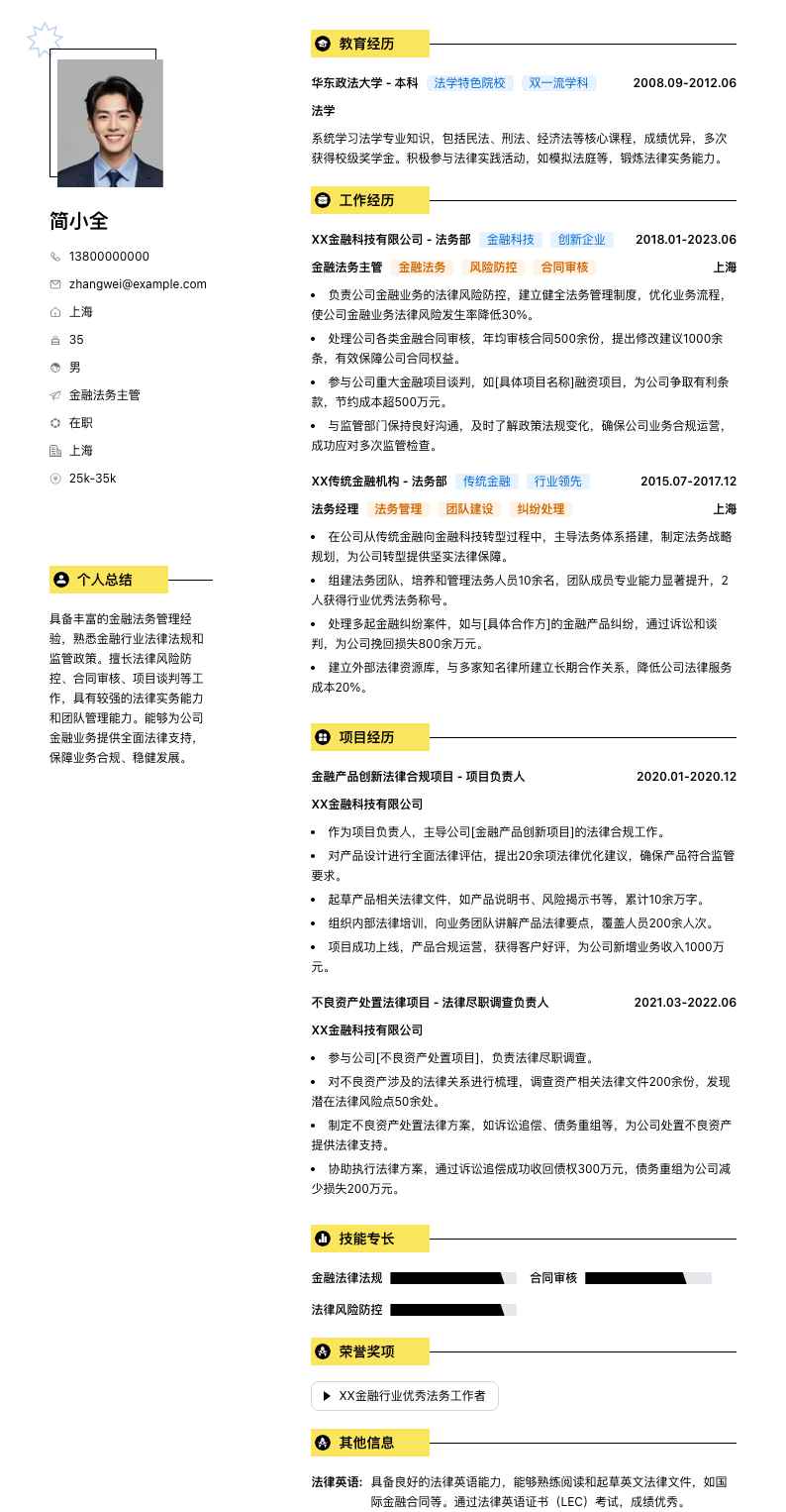 金融法务主管简历模板