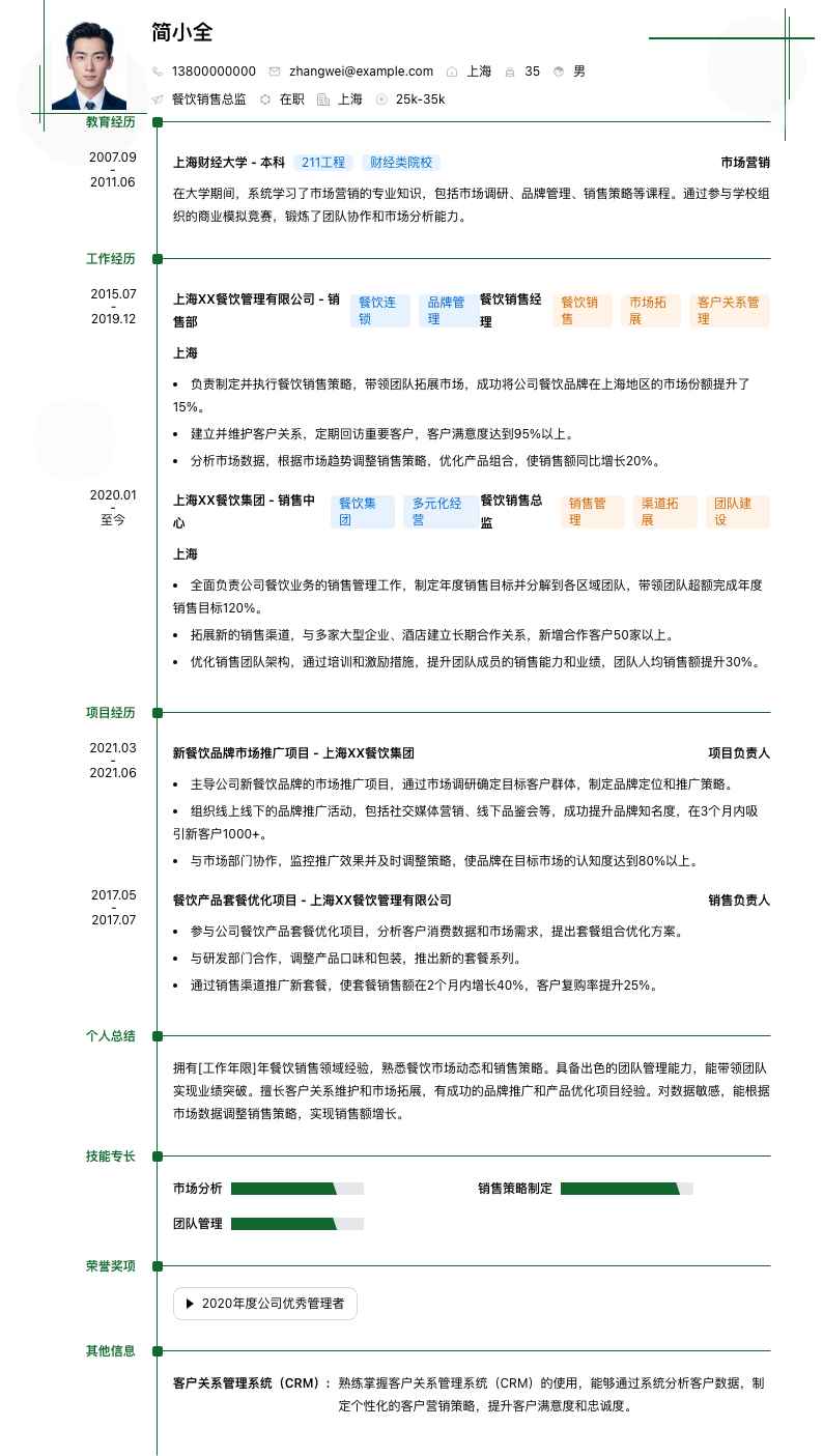 餐饮销售总监简历模板