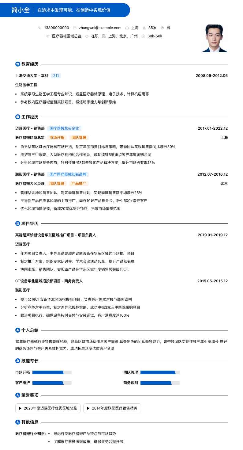 医疗器械区域总监简历模板
