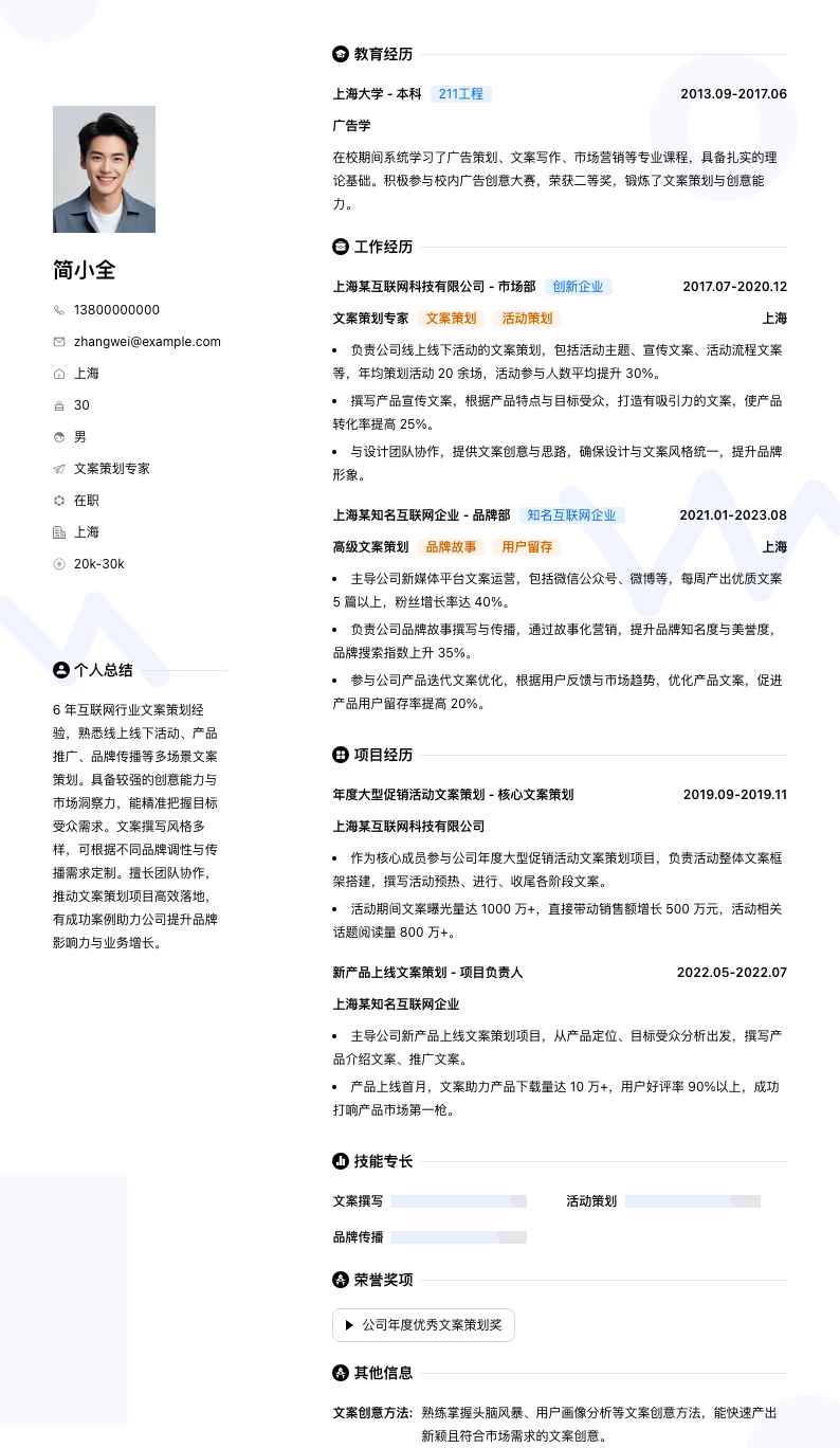文案策划专家简历模板
