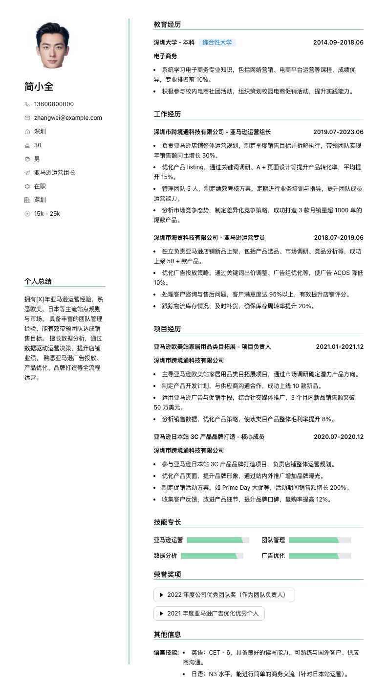 亚马逊运营组长简历模板