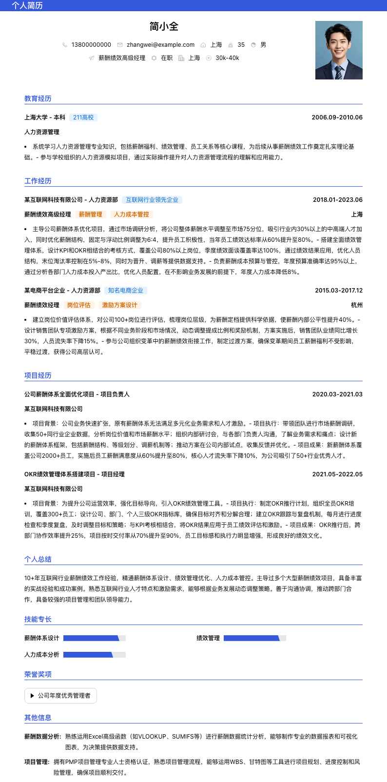 薪酬绩效高级经理简历模板