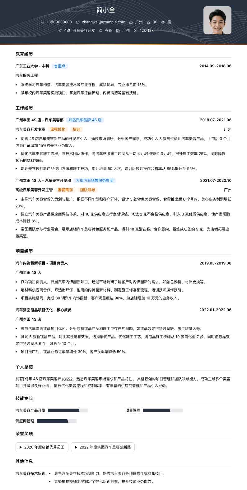 4s店汽车美容简历模板