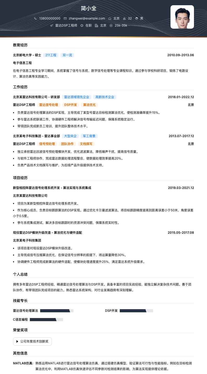 雷达DSP工程师简历模板