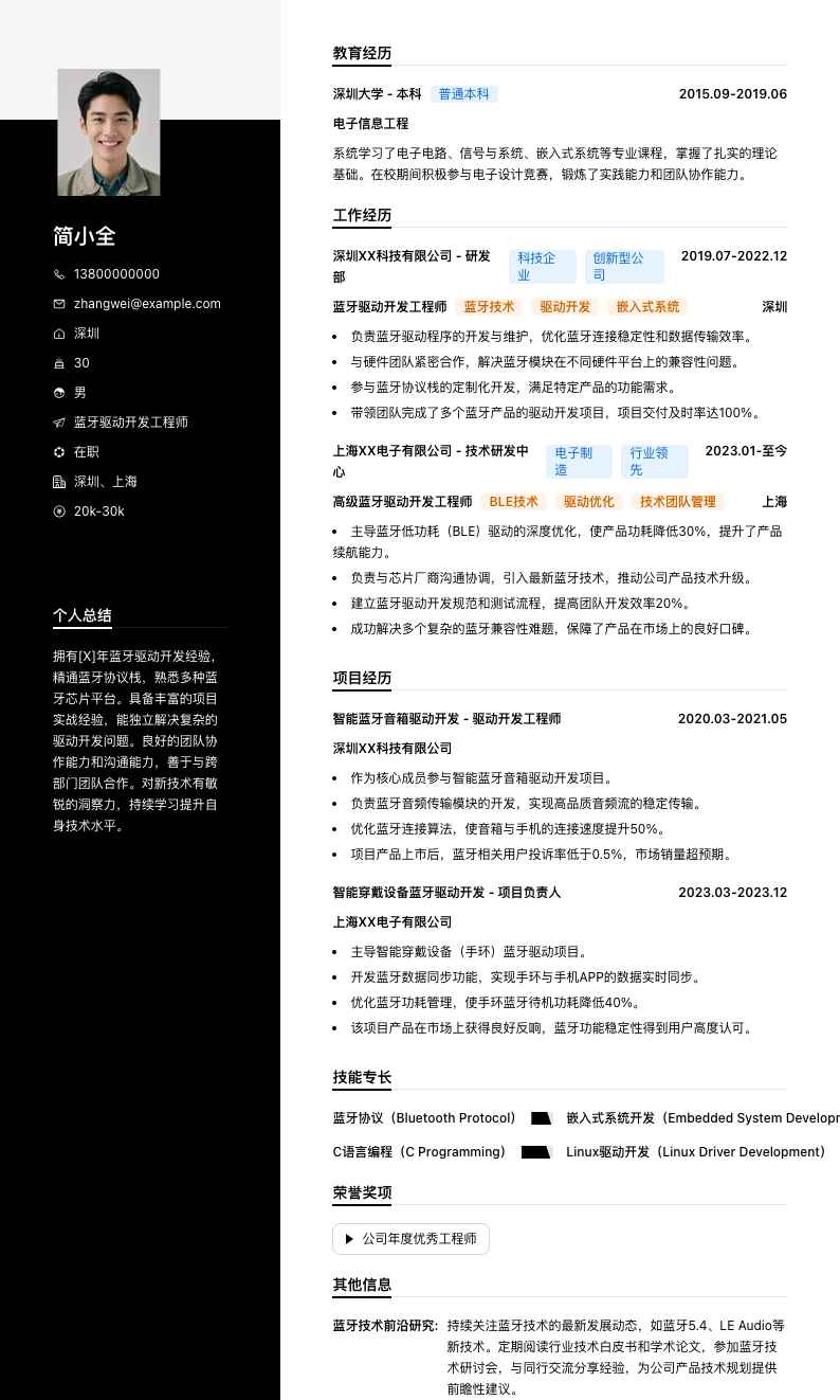 蓝牙驱动开发工程师简历模板