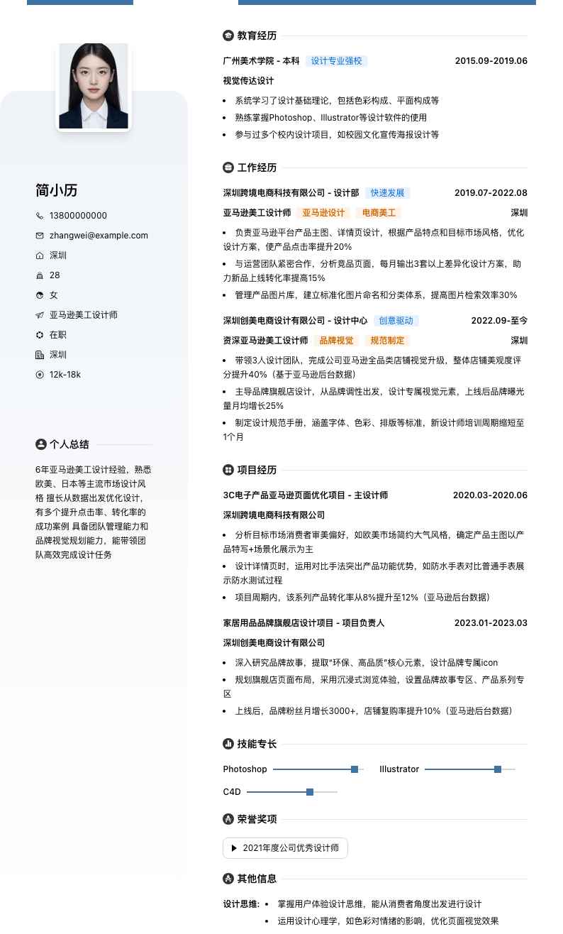 亚马逊美工设计师简历模板