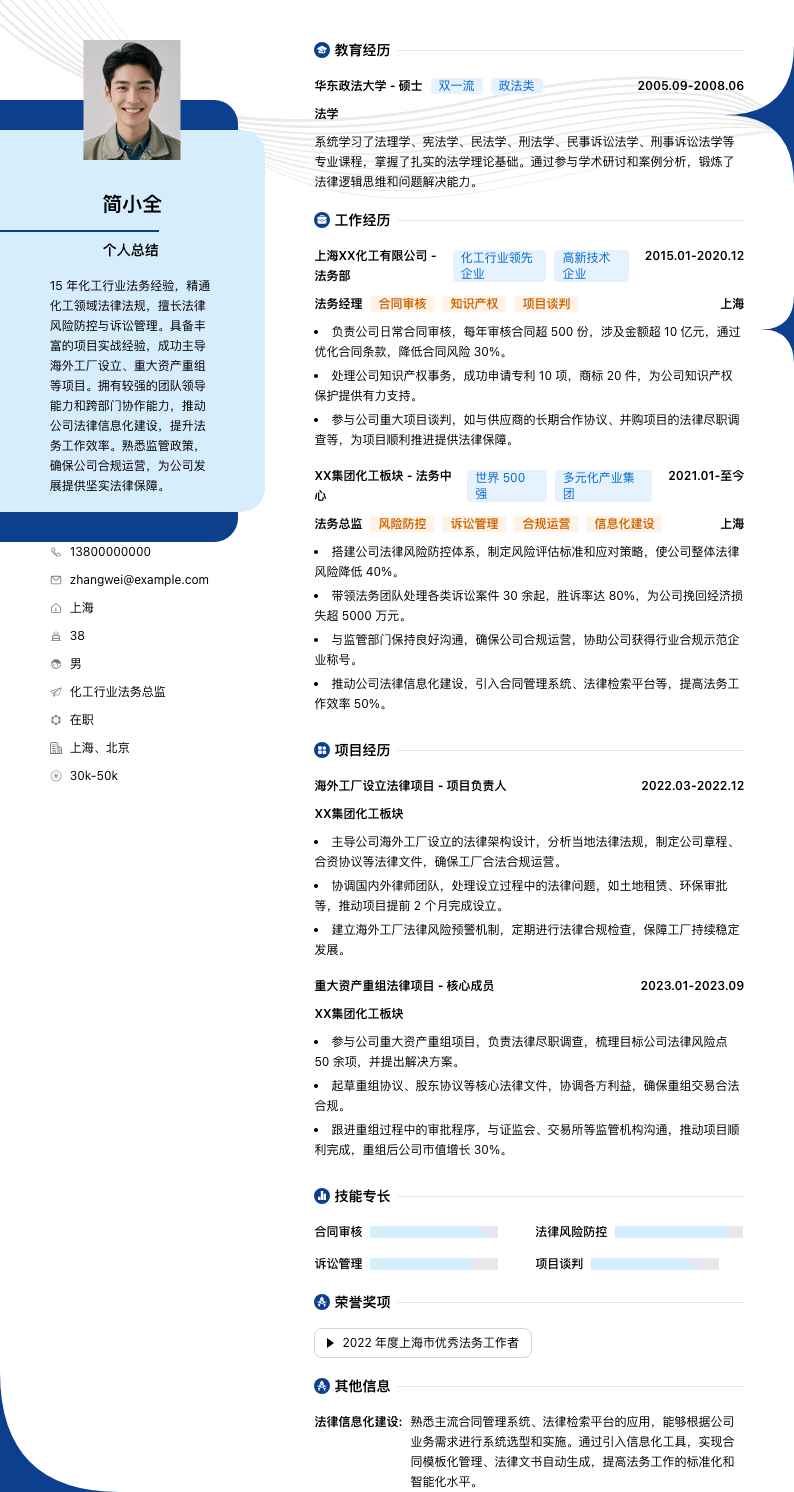 化工行业法务总监简历模板
