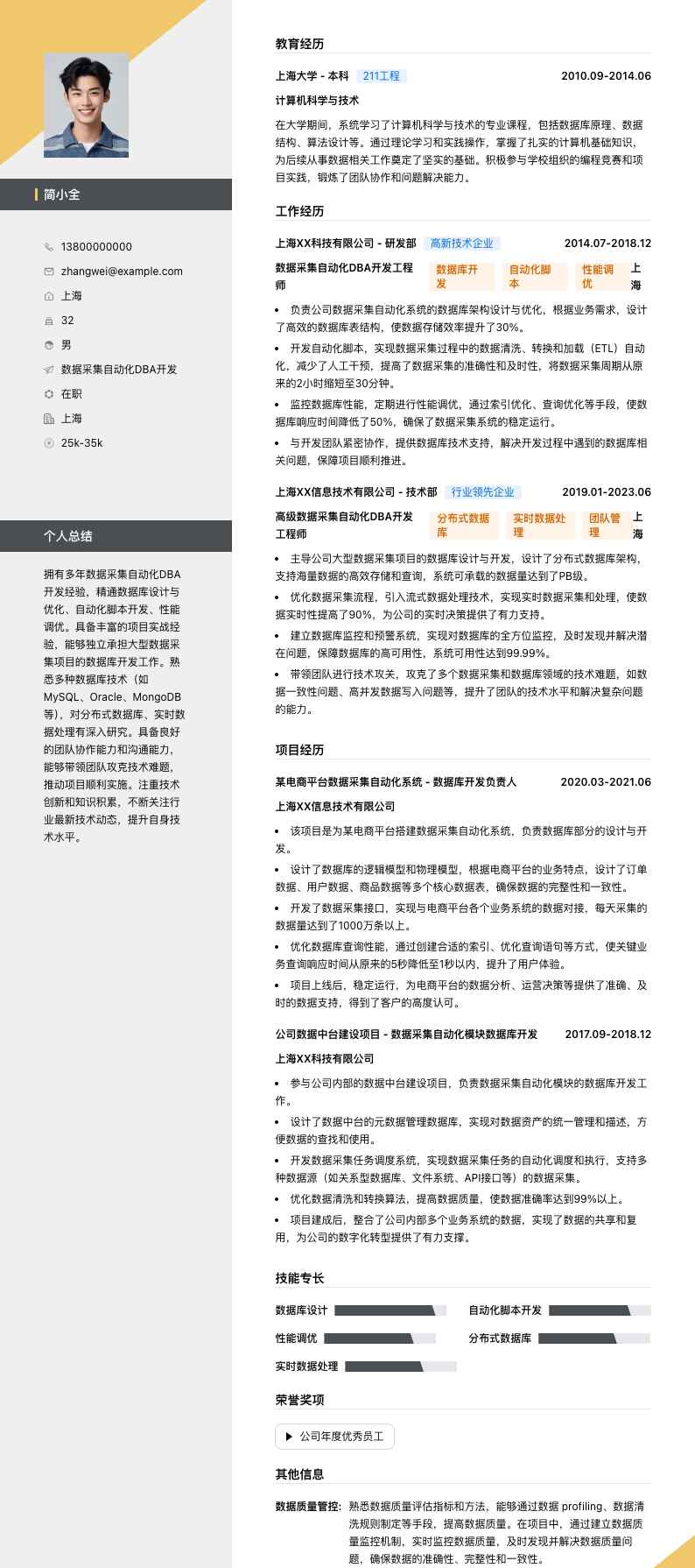 数据采集自动化DBA简历模板