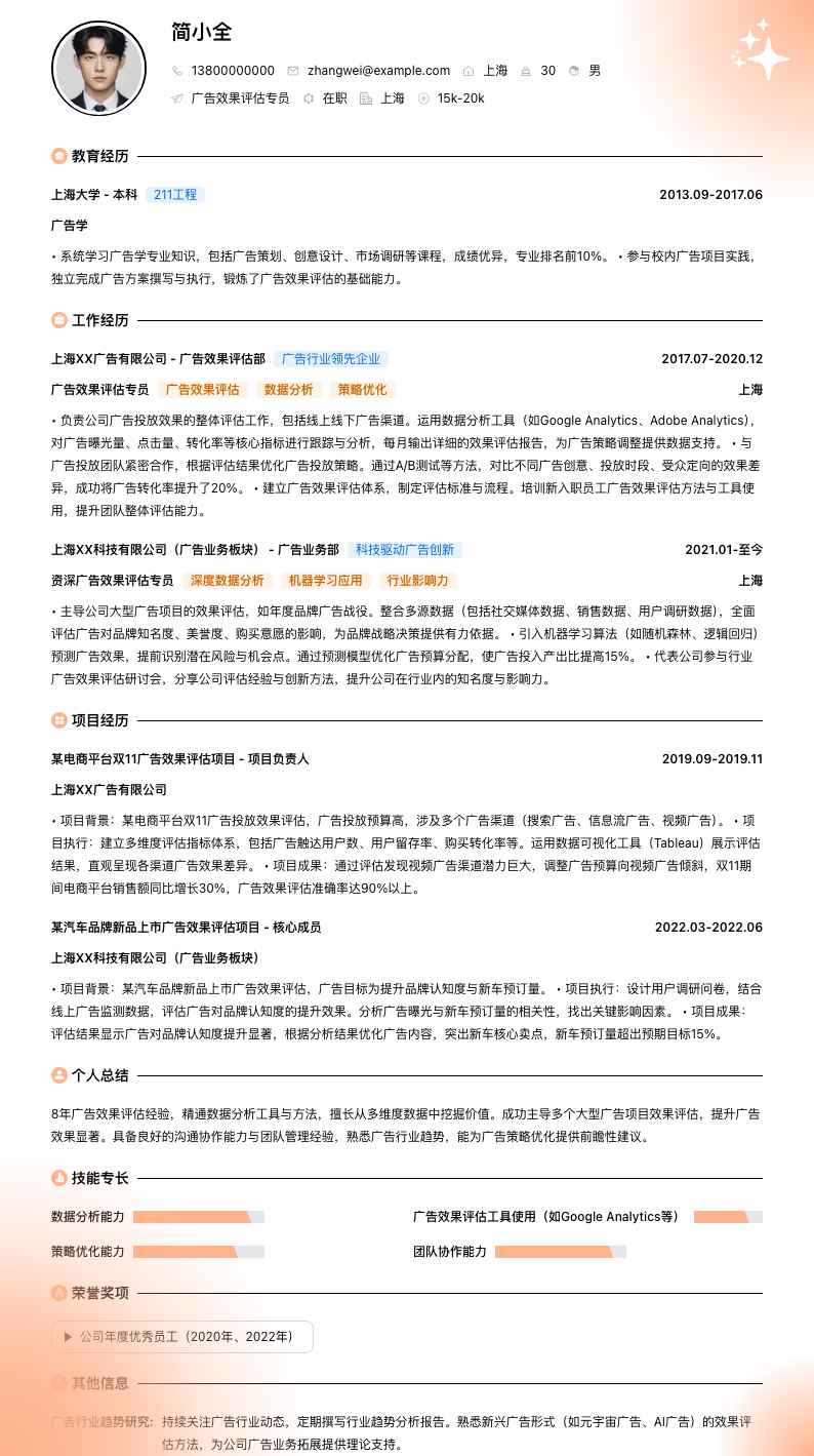 广告效果评估专员简历模板
