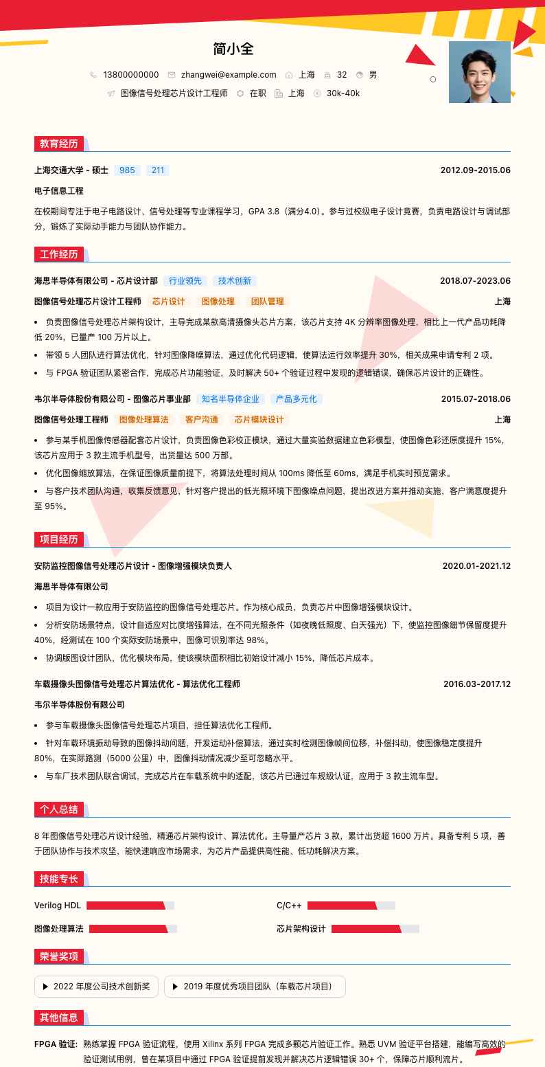 图像信号处理芯片设计工程师简历模板