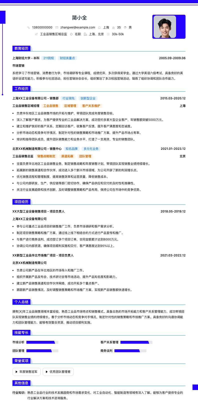 工业品销售区域总监简历模板