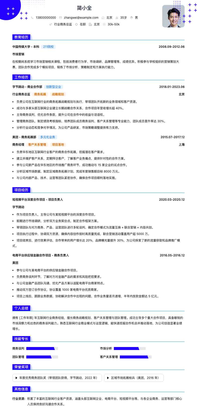 行业商务总监简历模板