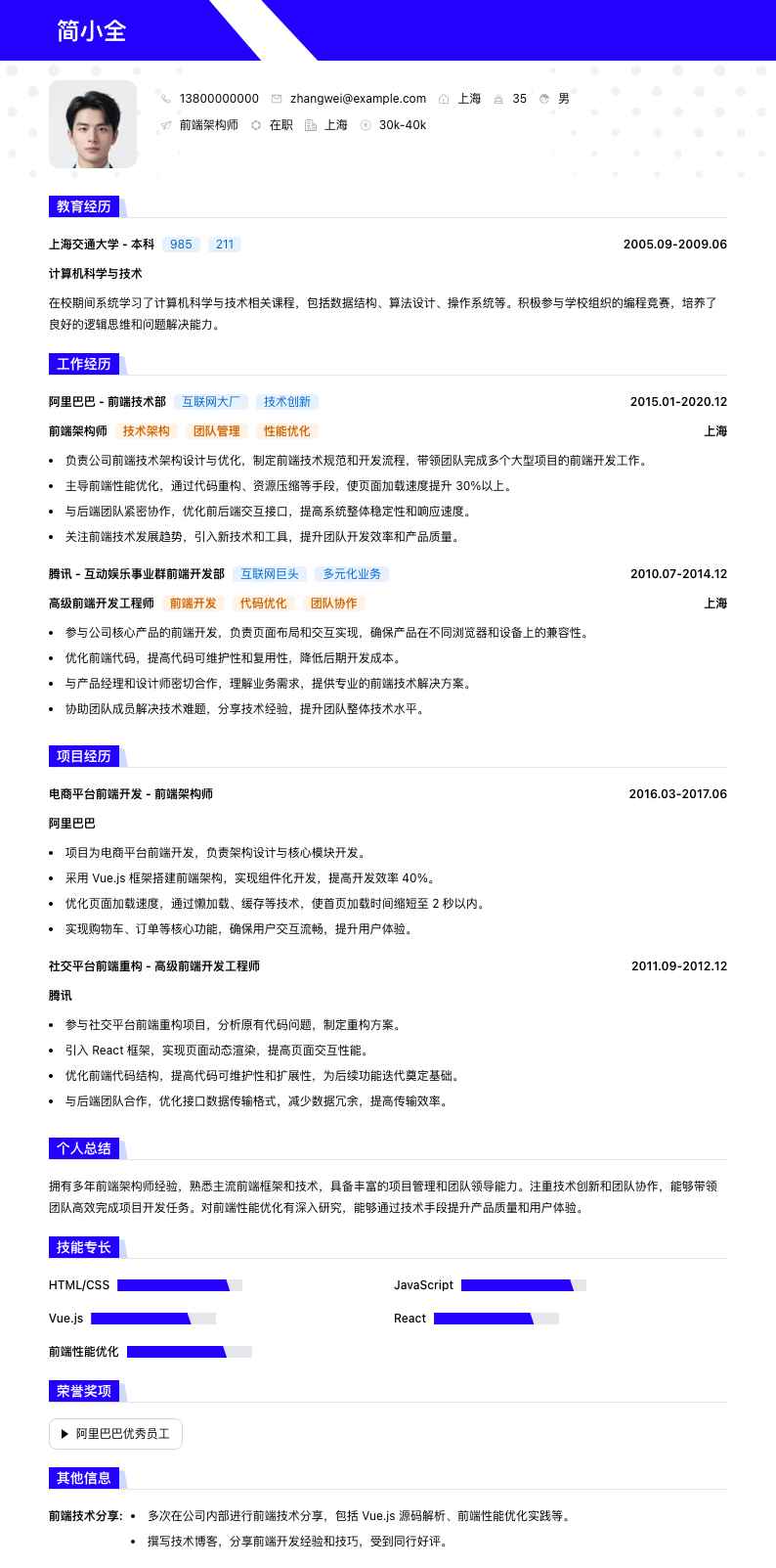 前端架构师简历模板