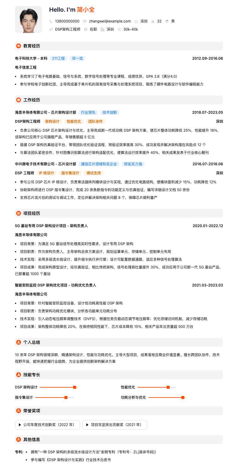 DSP架构工程师简历模板