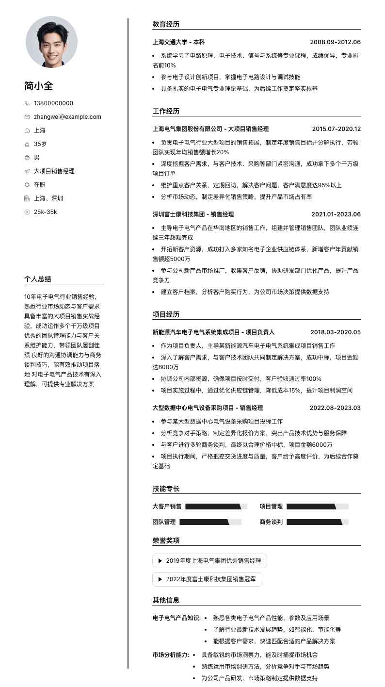 大项目销售经理简历模板