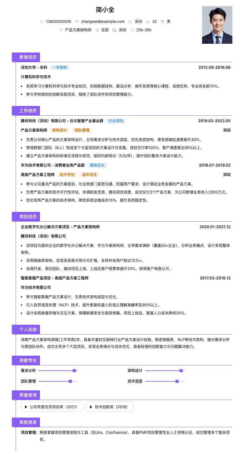 产品方案架构师简历模板