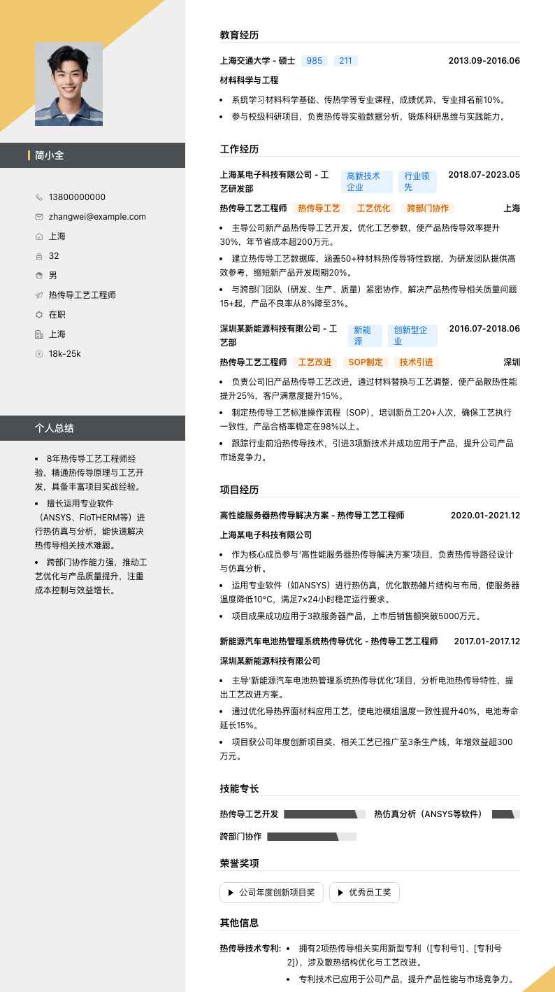 热传导工艺工程师简历模板