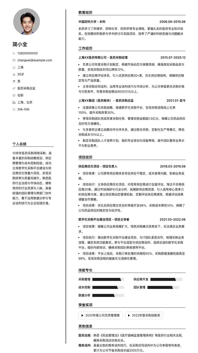 医药采购总监简历模板