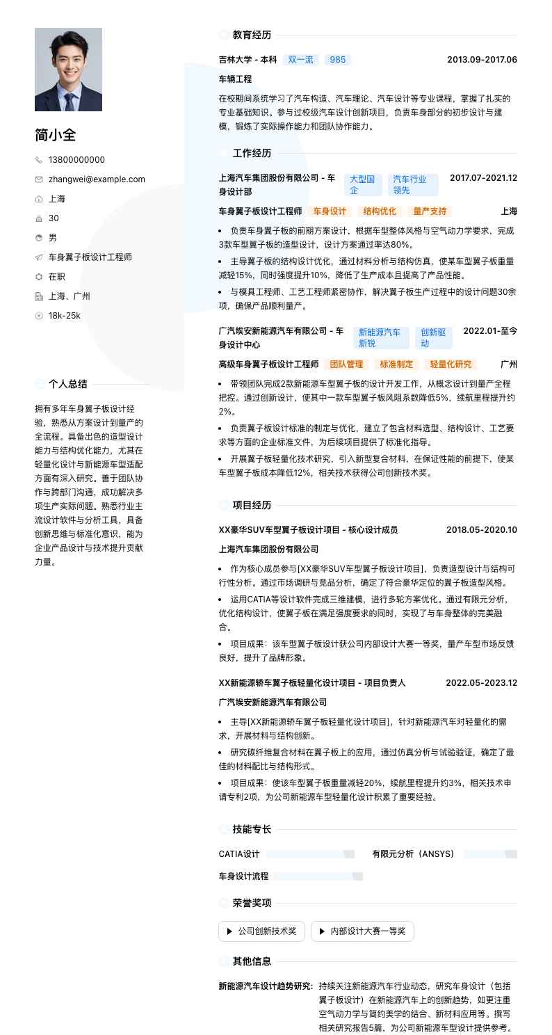 车身翼子板设计工程师简历模板