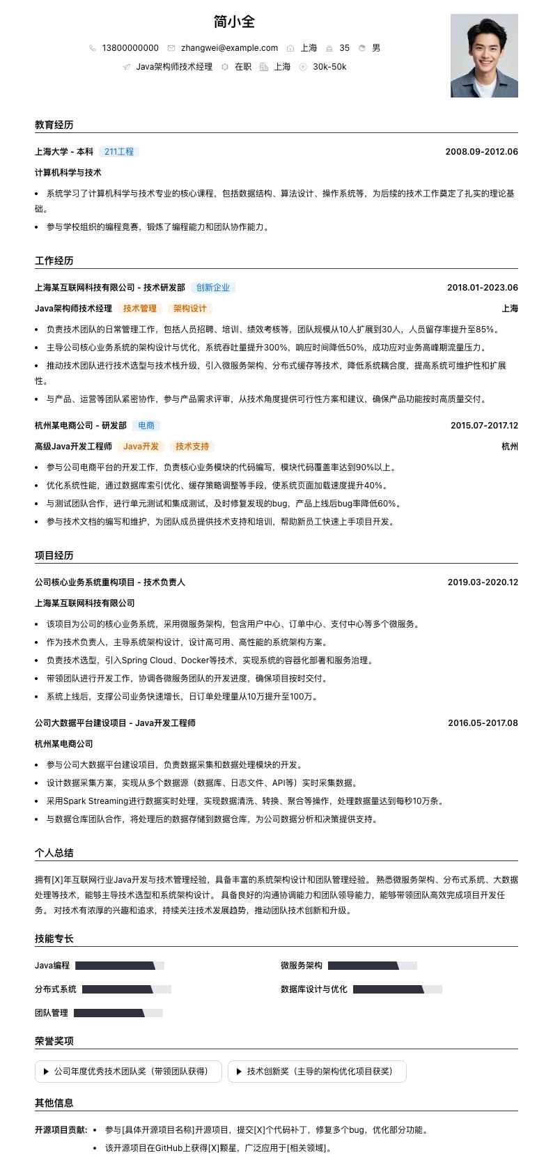 java架构师技术经理简历模板